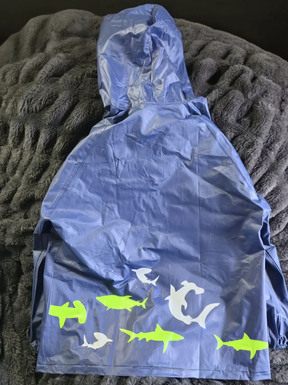 Kids Navy Blue Shark Print Raincoat Snap Closure Pockets